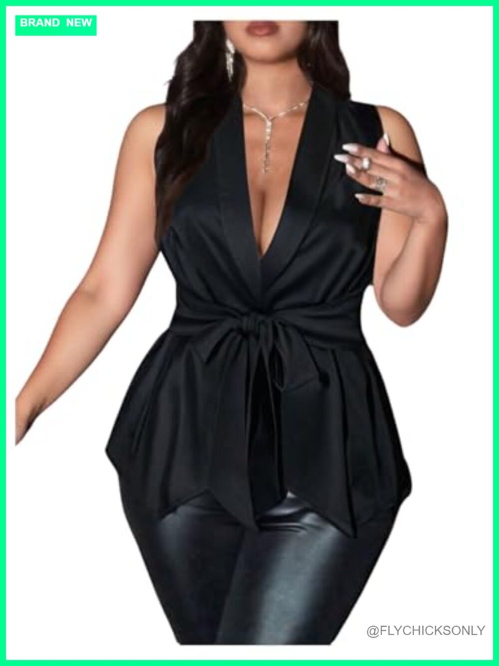 Plus Size Wrap Satin Tank Top Tie Knot Collared Work Blouse